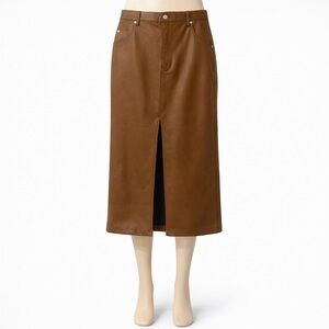 Pilcro Anthropologie Brown Faux Leather Midi Skirt Front Slit High Waist Size 14